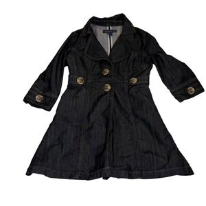 Baccini Womens Dark Wash Denim Trench Coat Indigo 3/4 Sleeve Pleated Back